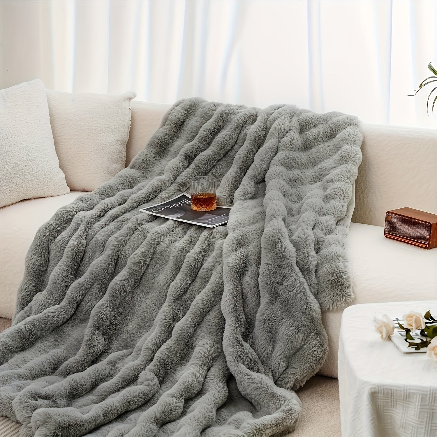 Faux Rabbit Fur Blanket in Grey