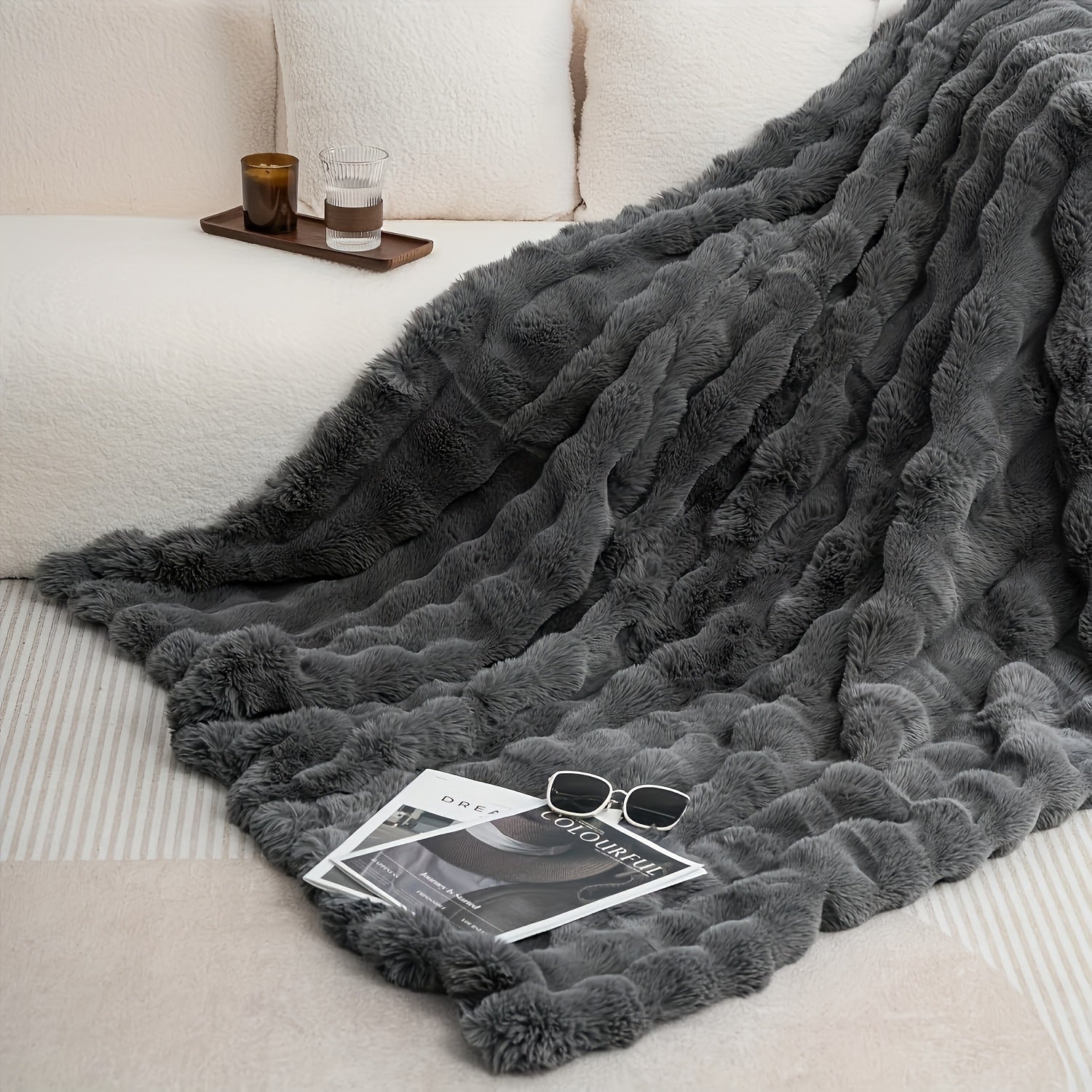Faux Rabbit Fur Blanket in Black