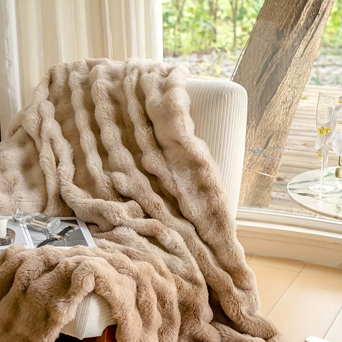 Faux Rabbit Fur Blanket in Fawn