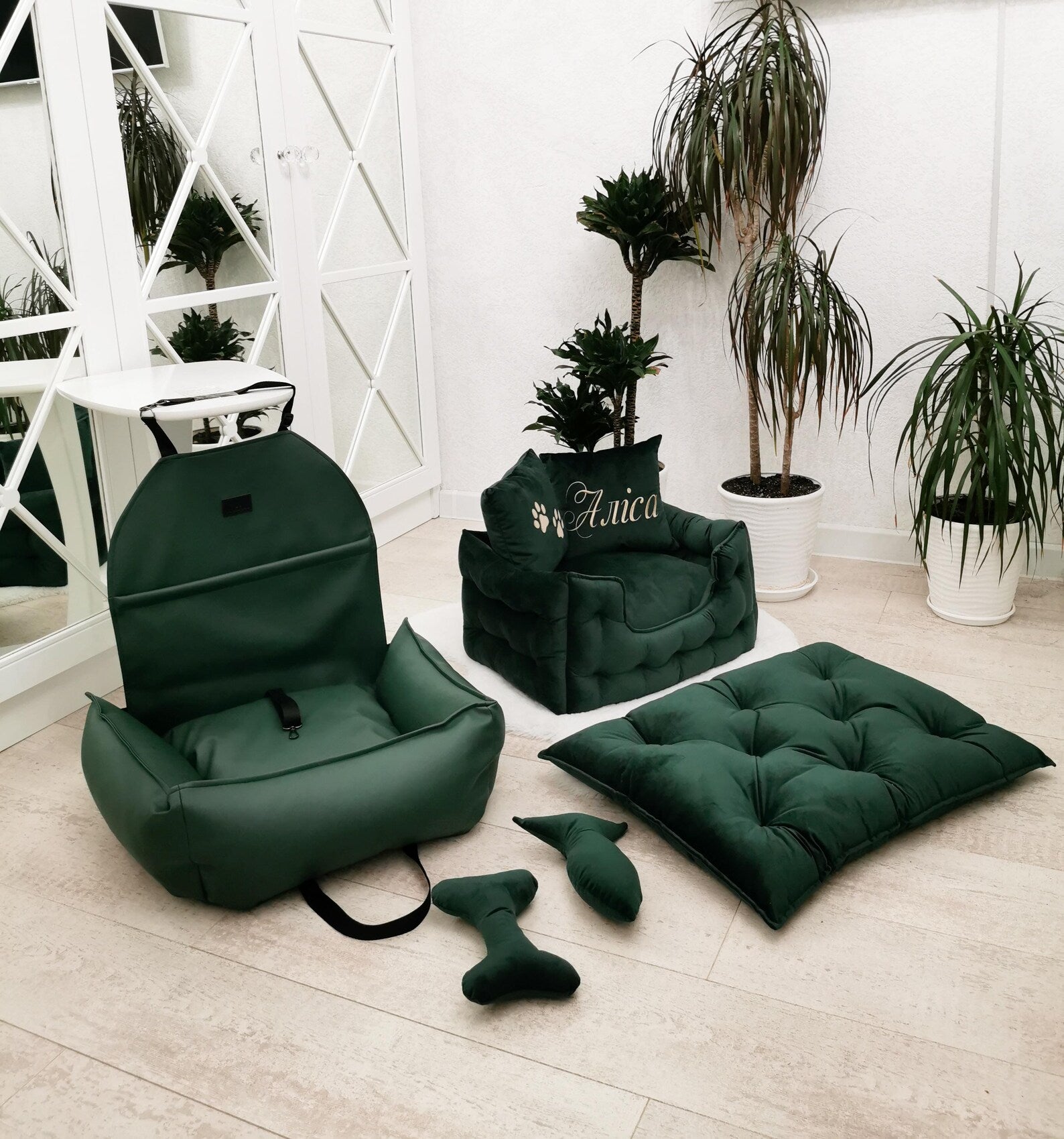 Dog Car Seat and Bed Set in Royal Green Velvet