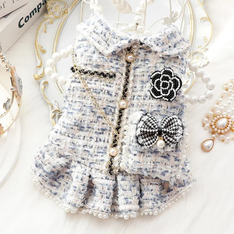 Blue Cotton Tweed Dog Dress with Pearl and Brooch Details