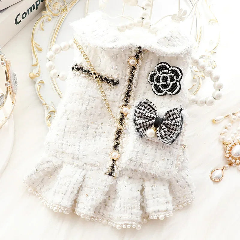 White Cotton Tweed Dog Dress with Pearl and Brooch Details