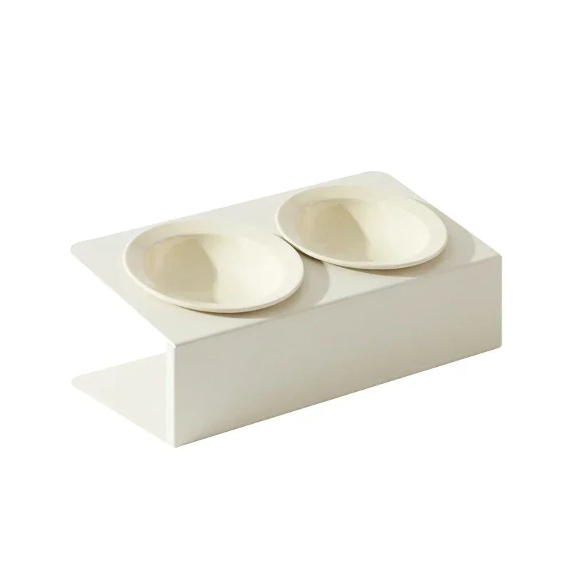 Double Ceramic Bowl on Iron Stand in Blush-White