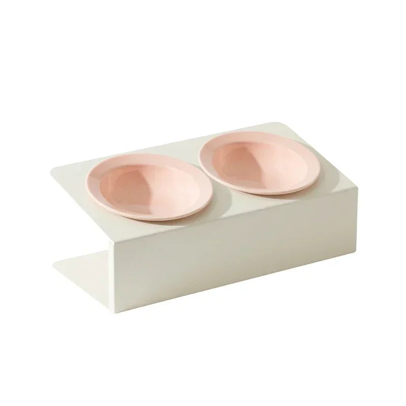 Double Ceramic Bowl on Iron Stand in Blush-White