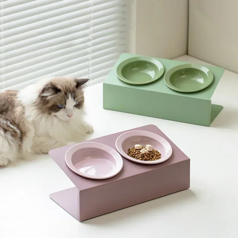 Double Ceramic Bowl on Iron Stand in Blush-White