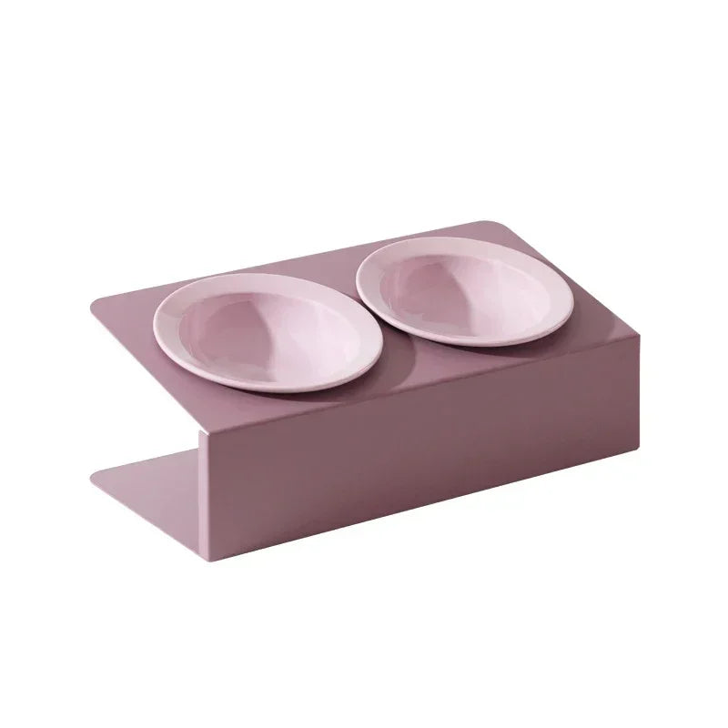 Double Ceramic Bowl on Iron Stand in Blush-White