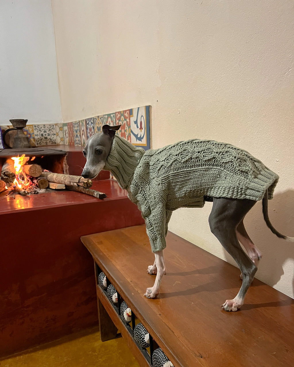 Chunky Turtleneck Cableknit Sweater in Sage for Italian Greyhound/Whippet