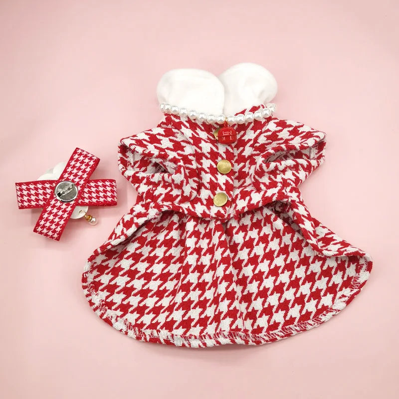 Patterned Tweed Dress Set in Red Houndstooth