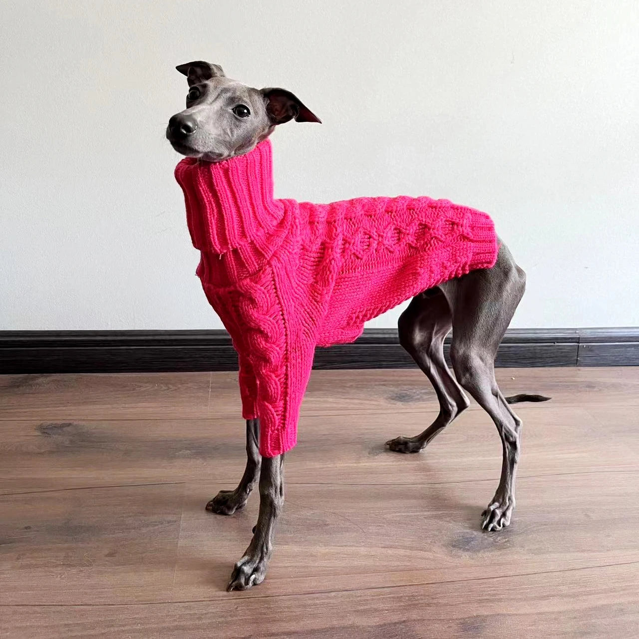 Chunky Turtleneck Cableknit Sweater in Cerise Pink for Italian Greyhound or Whippet