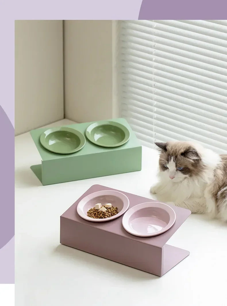 Double Ceramic Bowl on Iron Stand in Blush-White