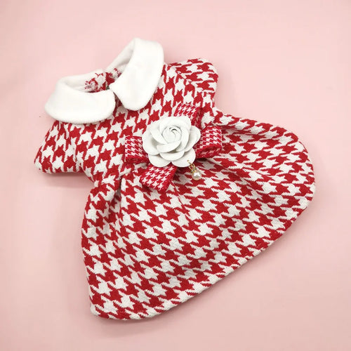 Patterned Tweed Dress Set in Red Houndstooth