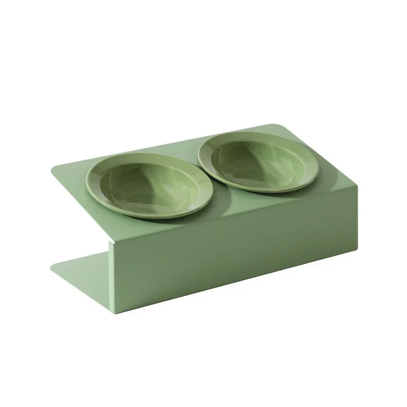 Double Ceramic Bowl on Iron Stand in Blush-White