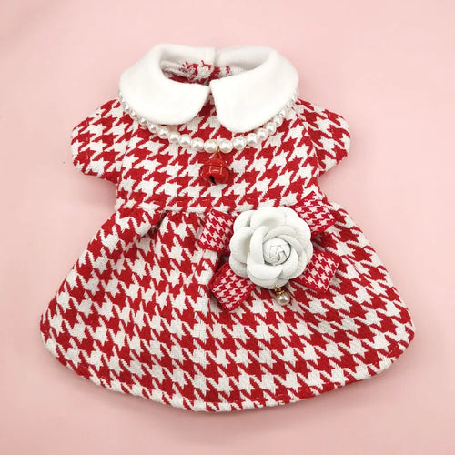 Patterned Tweed Dress Set in Red Houndstooth