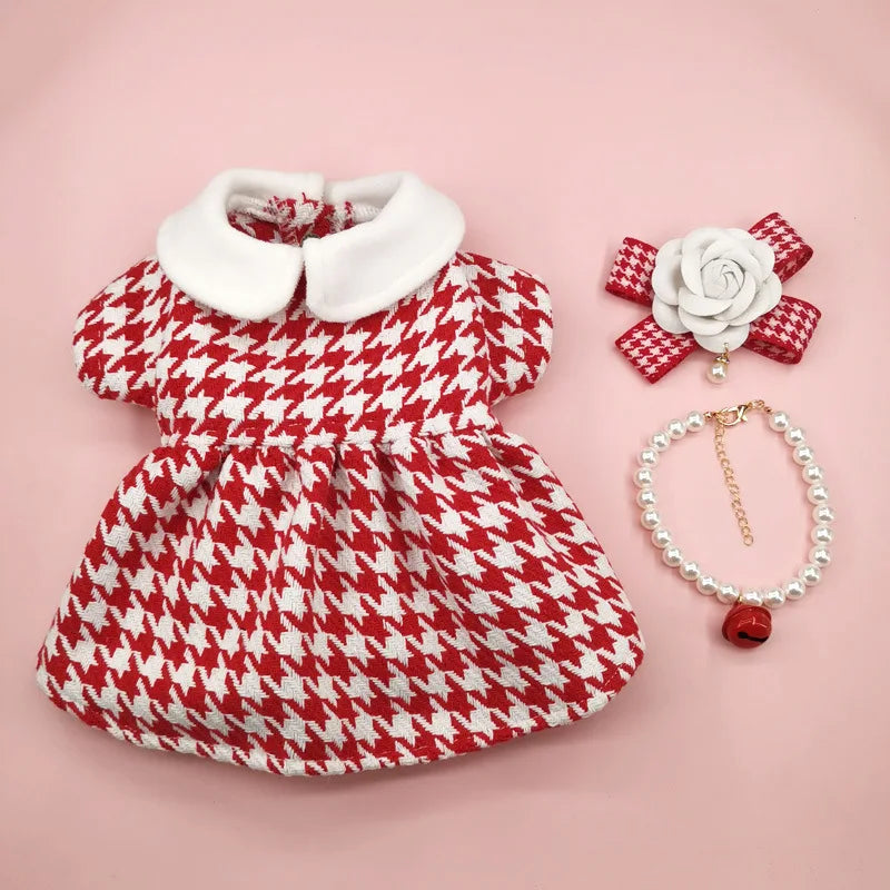 Patterned Tweed Dress Set in Red Houndstooth
