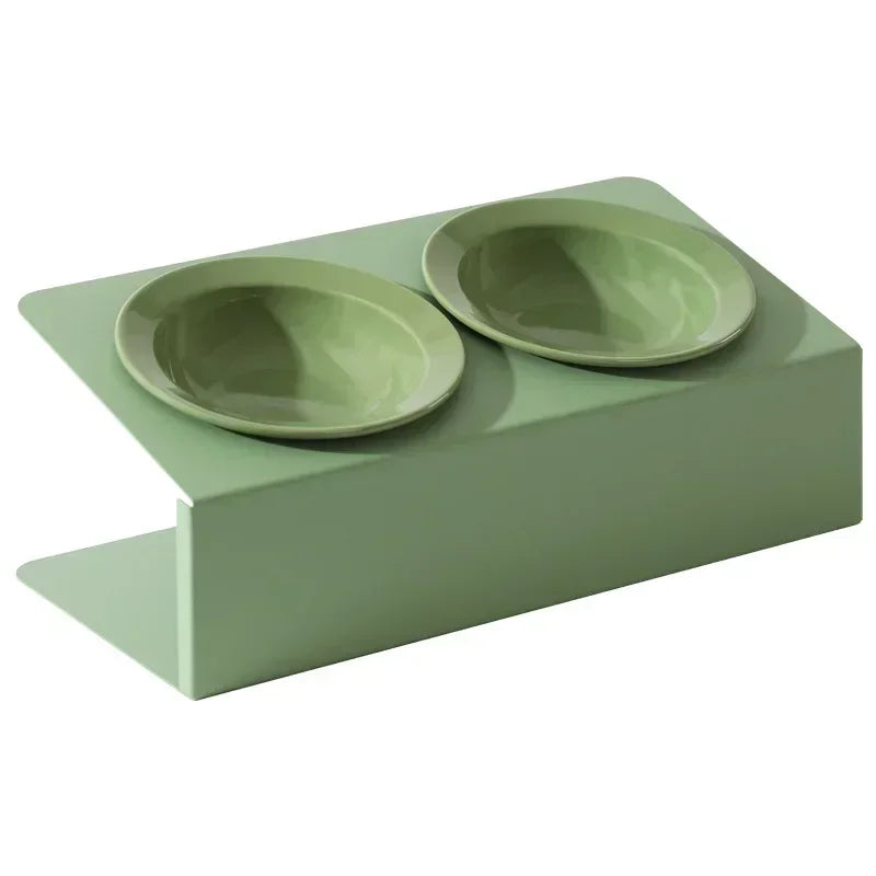 Double Ceramic Bowl on Iron Stand in Blush-White