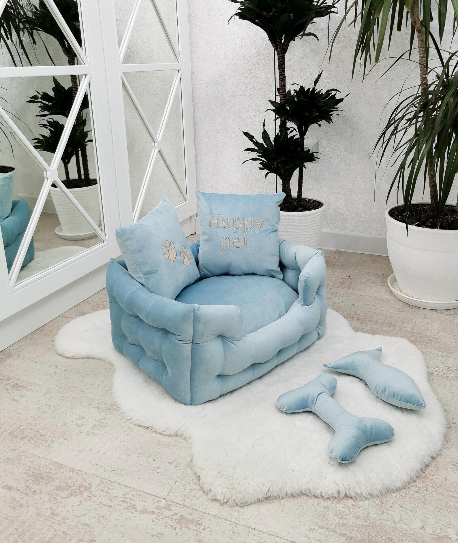 Velvet Dog Bed in Sky Blue
