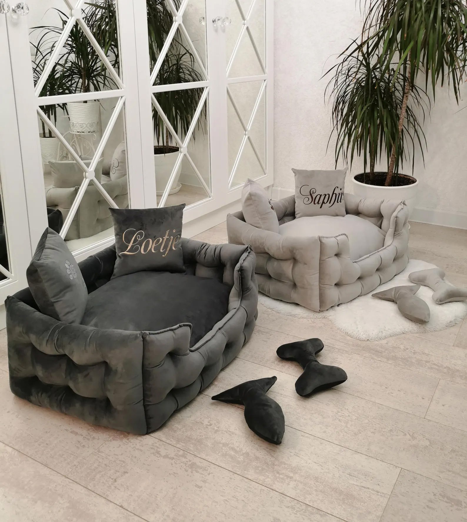 Velvet Dog Bed in Pale Grey